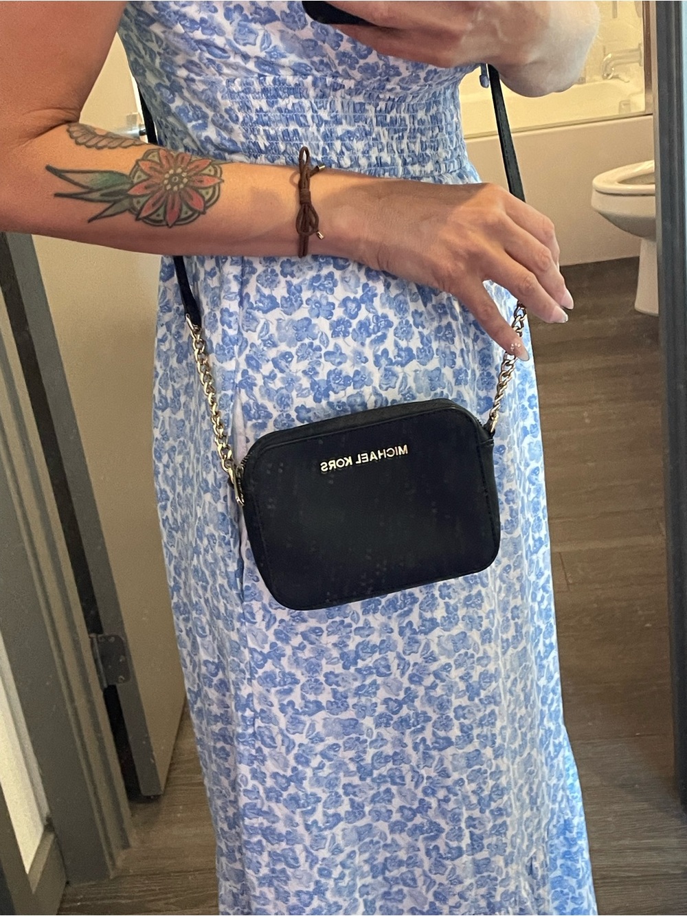 Michael Kors Black Leather Crossbody with Gold Chain